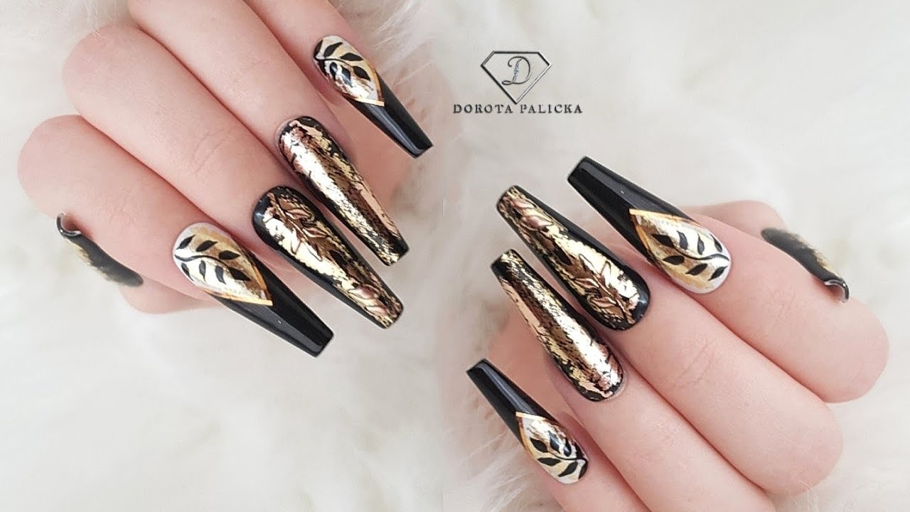 Black and gold nails. Autumn nail art tutorial.