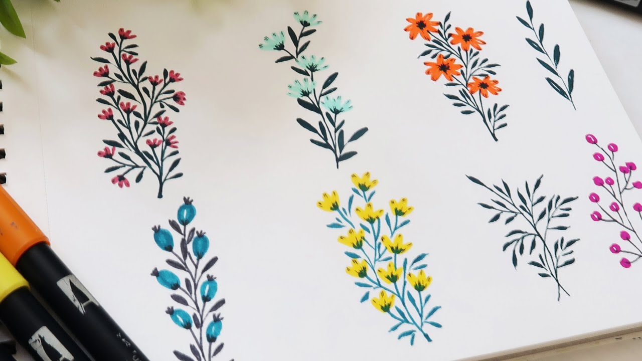 How to draw/ doodle flowers & leaves using Pen | Brush pen floral doodles | Easy flower drawing