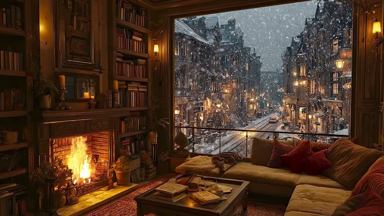 Cozy Winter Evening Jazz Fireplace ❄️ Smooth Jazz & Warm Fire | Snowy Ambience