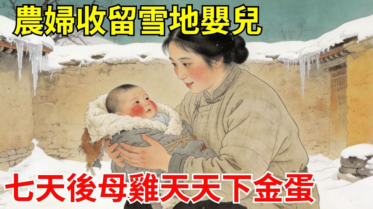 農婦收留在雪地發現的嬰兒，鄰居笑她傻。七天後，她家母雞天天下雙黃蛋，蛋殼泛金光！廟裡住持親自上門：施主，您家竈神顯靈了！#故事頻道#聽書#民間故事#說書#善有善報#爽文