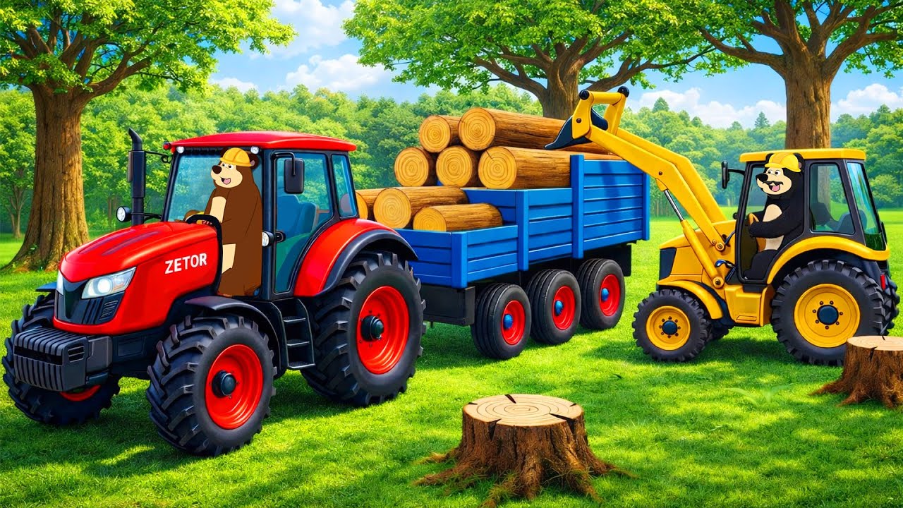 The Bear Farm: Tractor Front Loader Trip to the Sawmill & Harvesting Firewood | Real Farm Animation