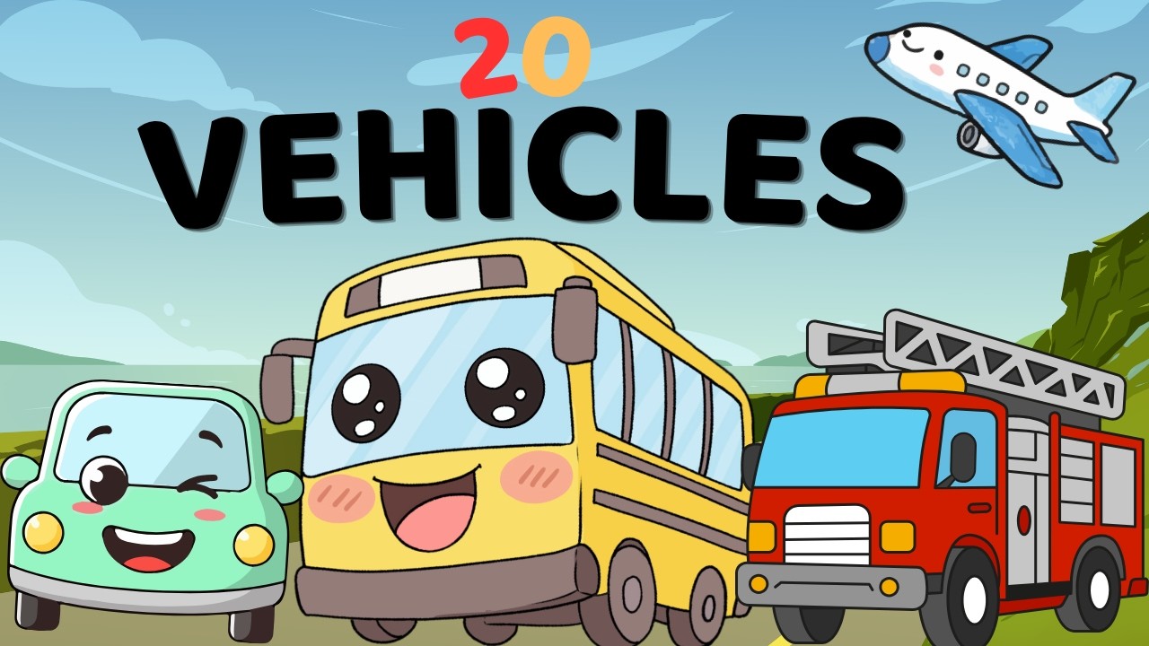 Learn 20 Vehicles for Kids | Car, Bus, Train, Truck & More
