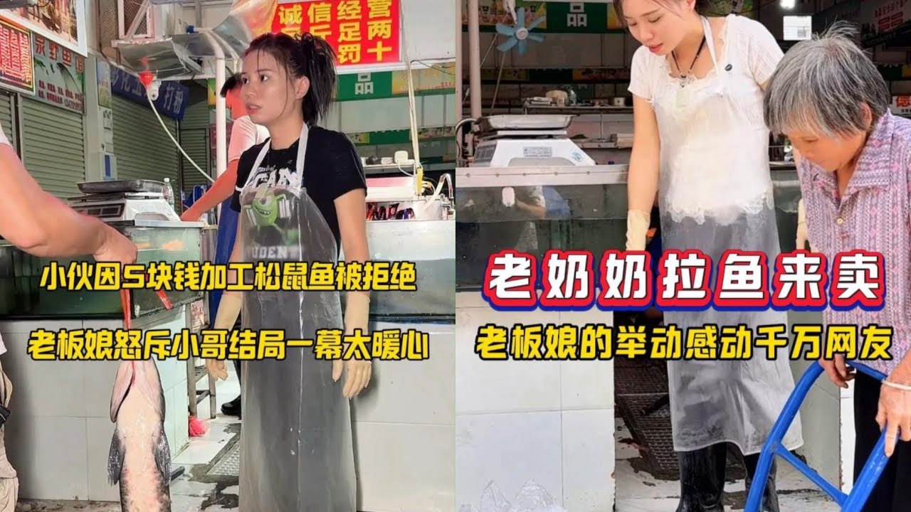 因5块钱加工松鼠鱼被拒绝，老板娘怒斥小哥结局一幕太暖心！｜老奶奶拉鱼来卖，老板娘的举动感动千万网友！｜2块钱一斤加工费？广西菜市场这服务不敢信！