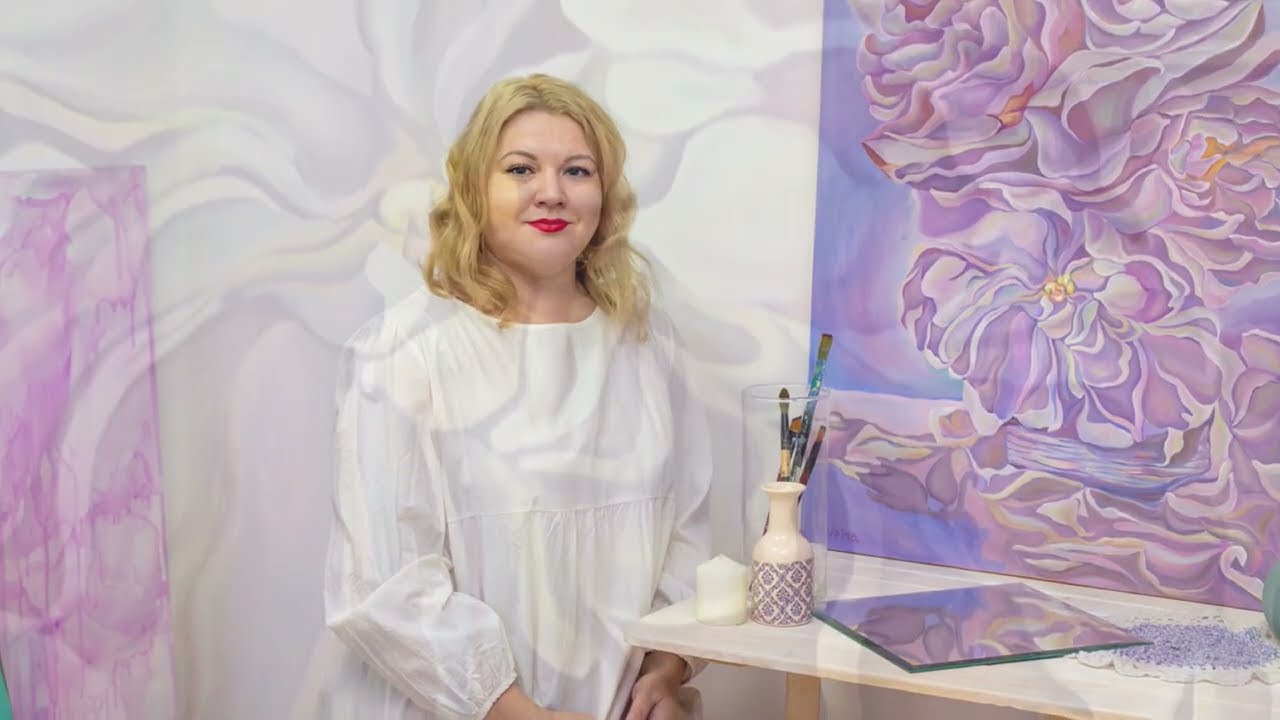 Pearl Bouquet, violet flowers, magic flowers, oversized painting, xxl wall art above the sofa