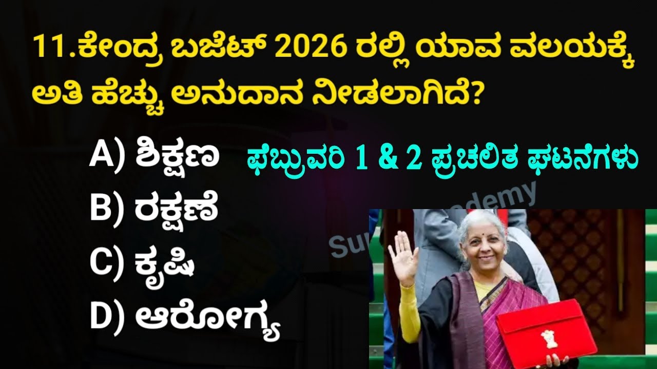 February 1 & 2 current affairs | current affairs in Kannada | Central Government budget 2026
