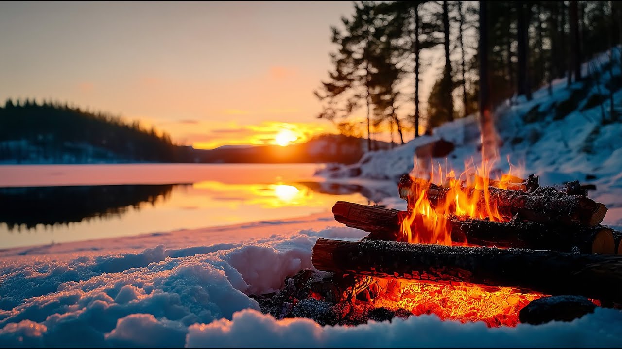Winter Sunset Campfire Ambience🔥Hypnotic Flames & Gentle Waves. Ultimate ASMR Escape. Unwind & Relax
