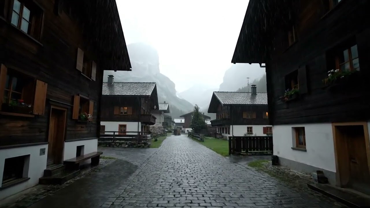 Heavy Rain in Swiss Village | 4K Walking Tour Switzerland | Relaxing Rain ASMR #rainforsleep