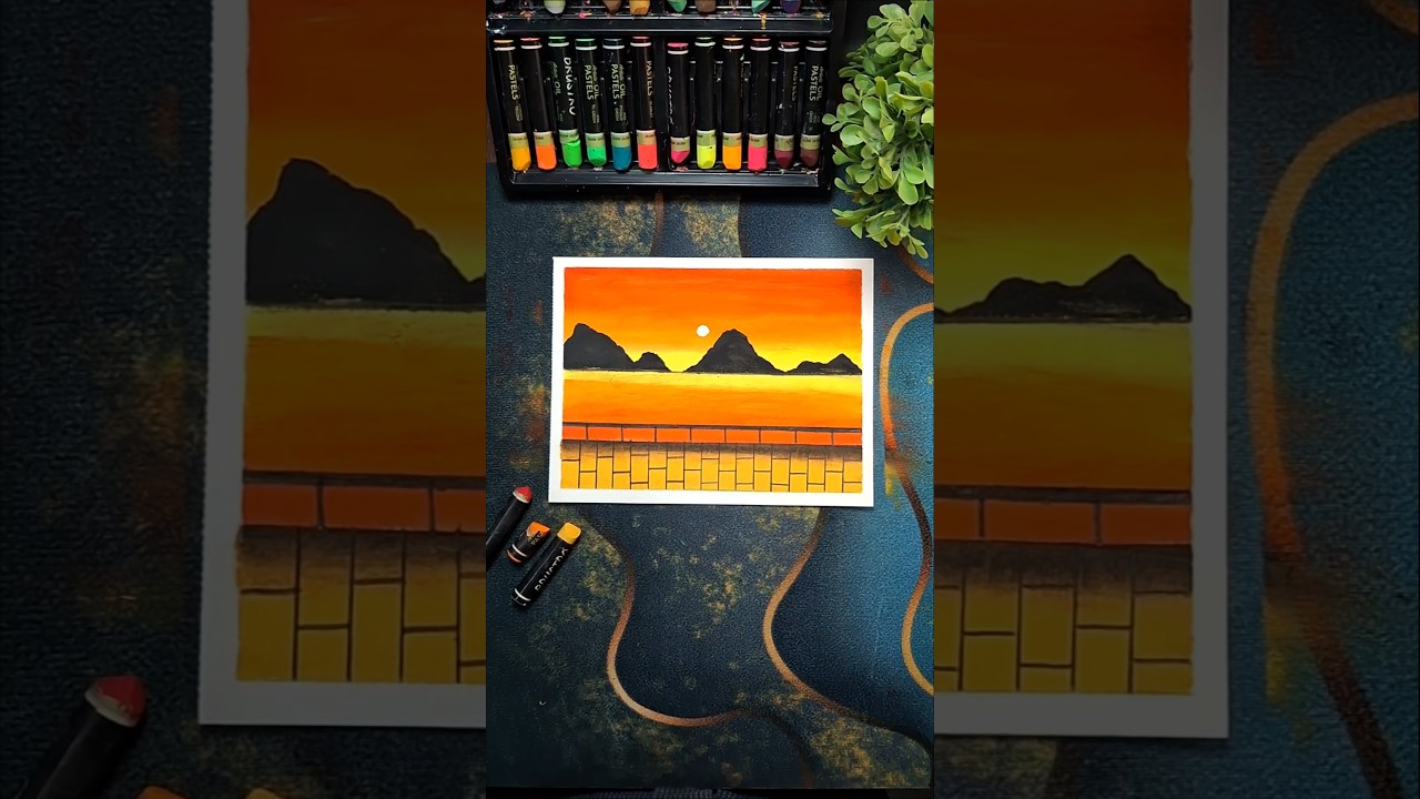 How to Draw Sunset Lake Scenery | Orange Sky & Promenade Oil Pastel Painting #shorts #oilpastel