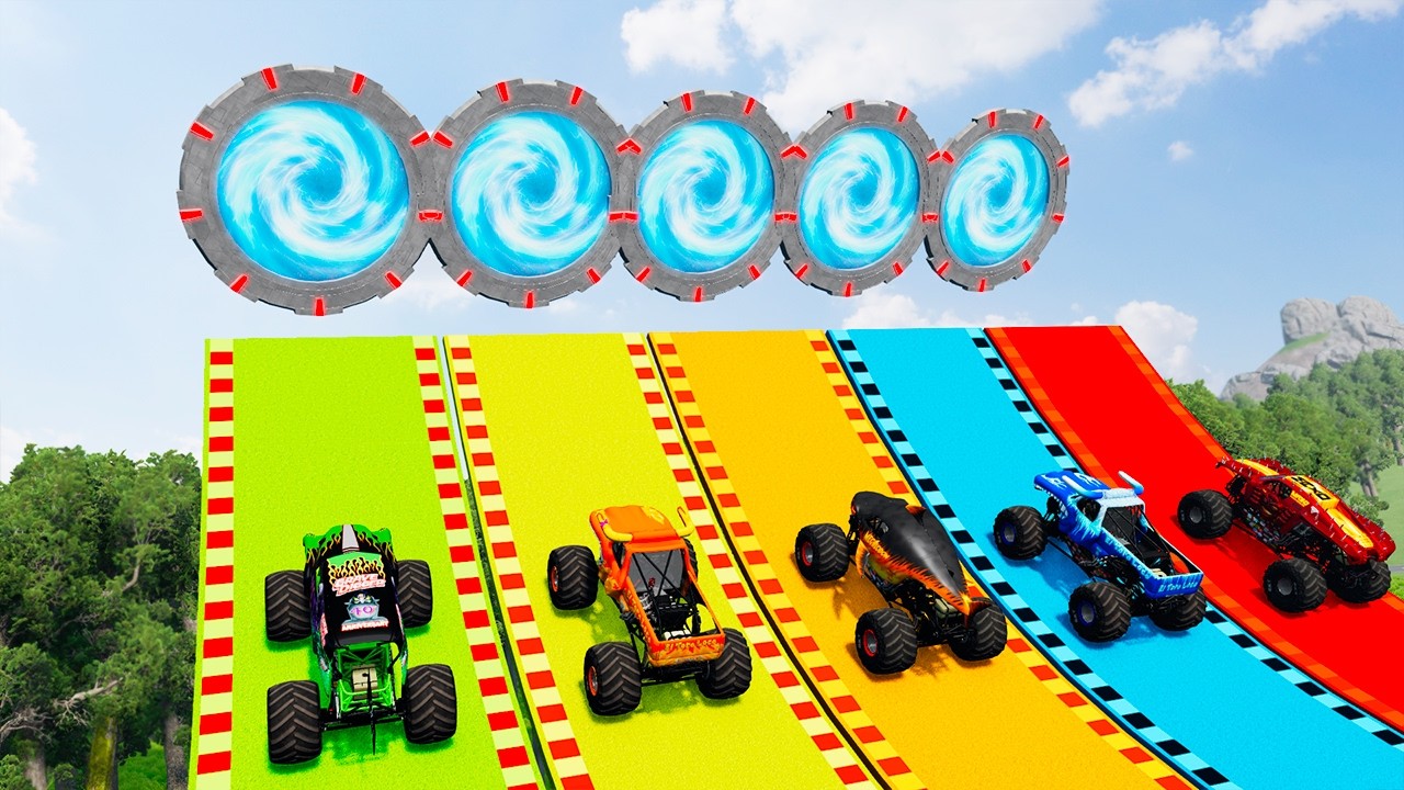 Monster Trucks VS Colorful Portal Trap - BeamNG Monster Truck Crashes