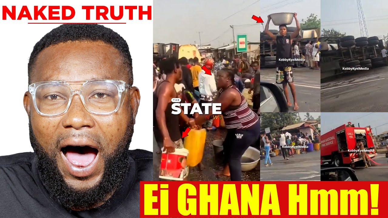 🔥Fuel tanker overturn on Nsawam Road, Residents f!ght over Despite Warning from Fire Service🚨
