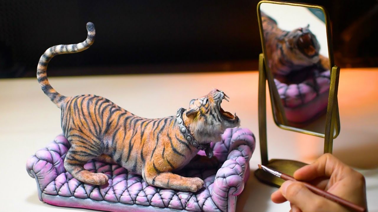 Diorama - angry Tiger with mirror /polymer clay/sculpting/epoxy resin