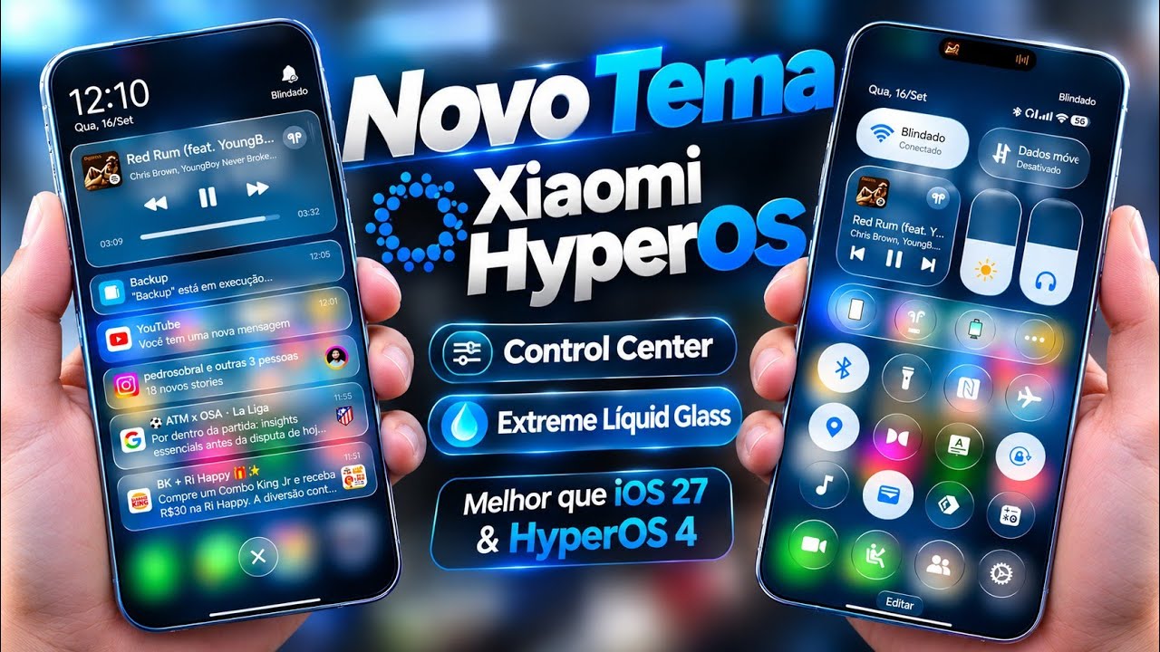 Novo Tema HyperOS Control Center L&iacute;quid Glass ao Extremo - Melhor Que iOS 27 e HyperOS 4