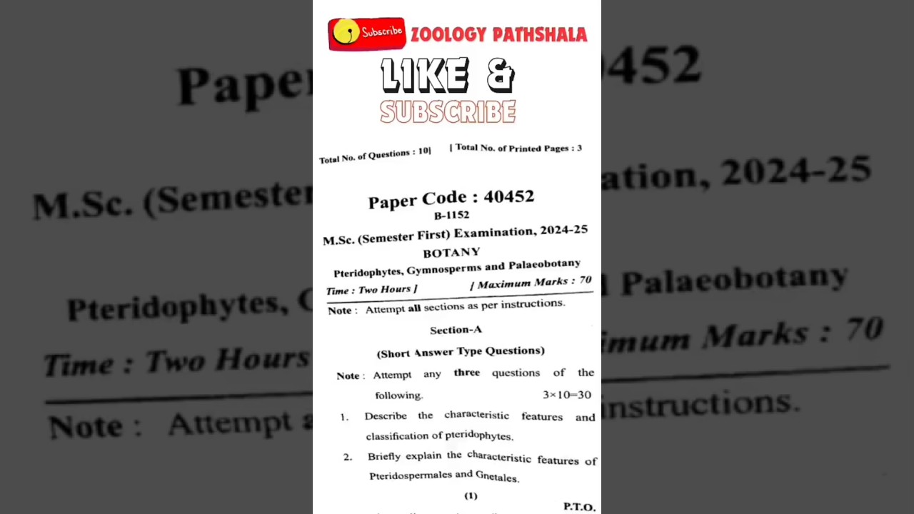 Msc 1 sem Botany pteridophytes, gymnosperms and palaeobotany previous year question Paper code 40452