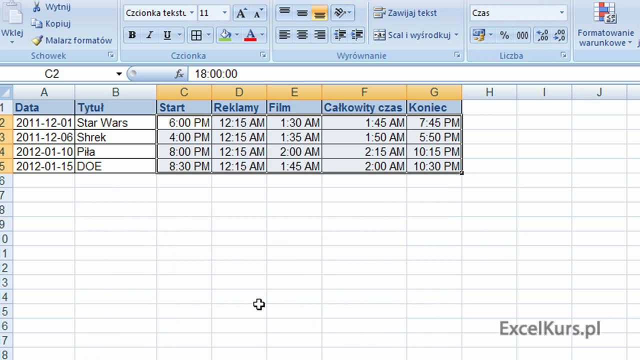Szkolenie Excel 2007 Dla Początkujących - Czas - Część 2