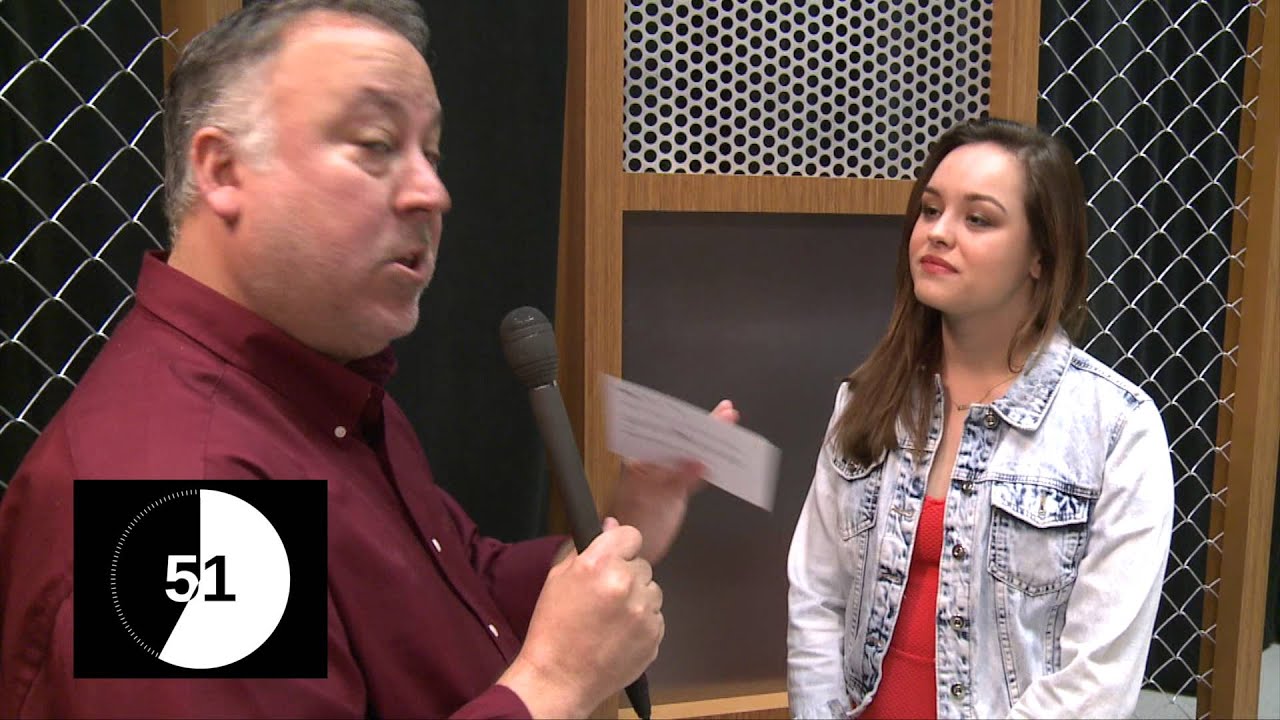 Actress Hayley Orrantia plays along with the 2 Minute Drill
