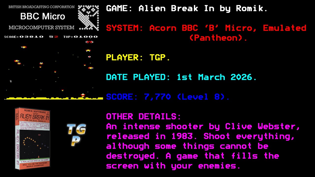 Alien Break-In - Romik - BBC Micro - Emulated (Pantheon) - Level 8 - 7,770 points.