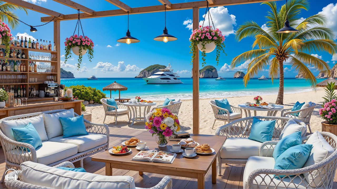 Relaxing Bossa Nova Jazz & Calming Ocean Waves at Seaside Coffee Shop Ambience for Uplifting the day