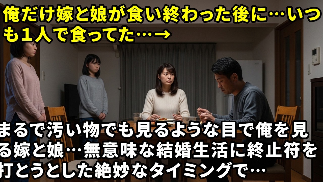 俺だけ嫁と娘が食い終わった後に…いつも１人で食ってた…→まるで汚い物でも見るような目で俺を見る嫁と娘…無意味な結婚生活に終止符を打とうとした絶妙なタイミングで…
