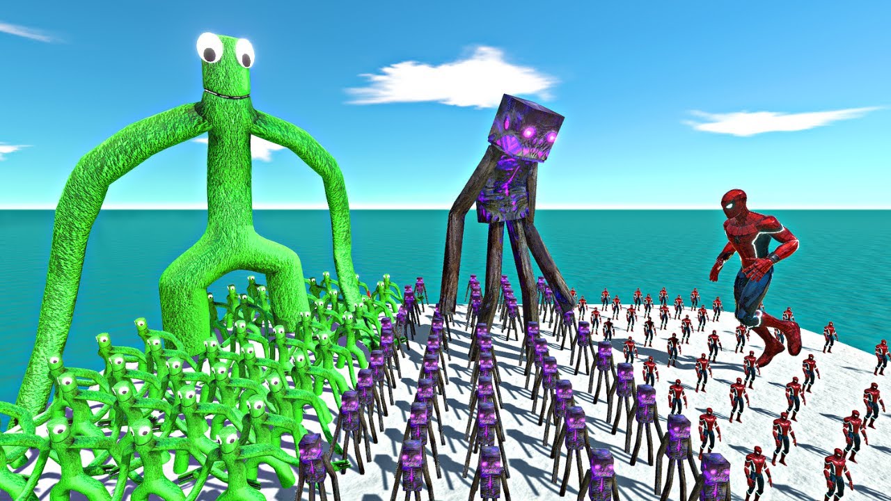 Rainbow Friends Green vs Enderman vs Spiderman - Animal Revolt Battle Simulator