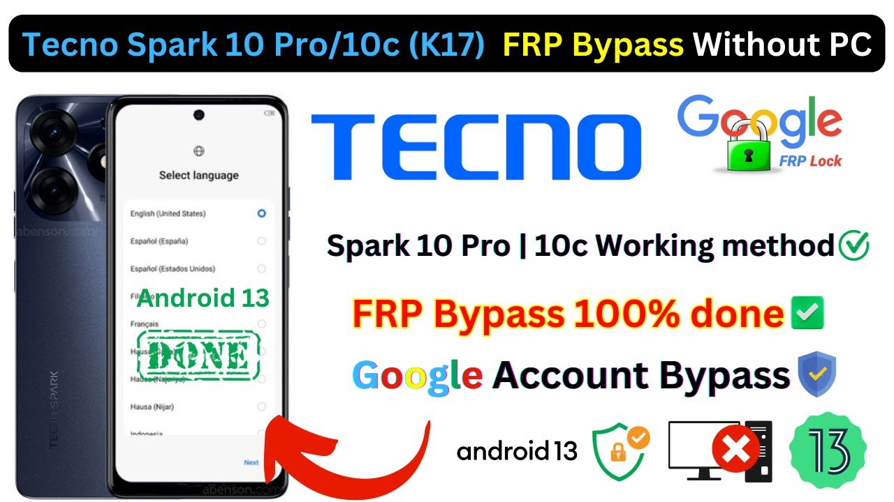 Tecno Spark 10 Pro / 10c (K17) FRP Bypass Android 13 Google Account, Apps not working, New Trick 🔥