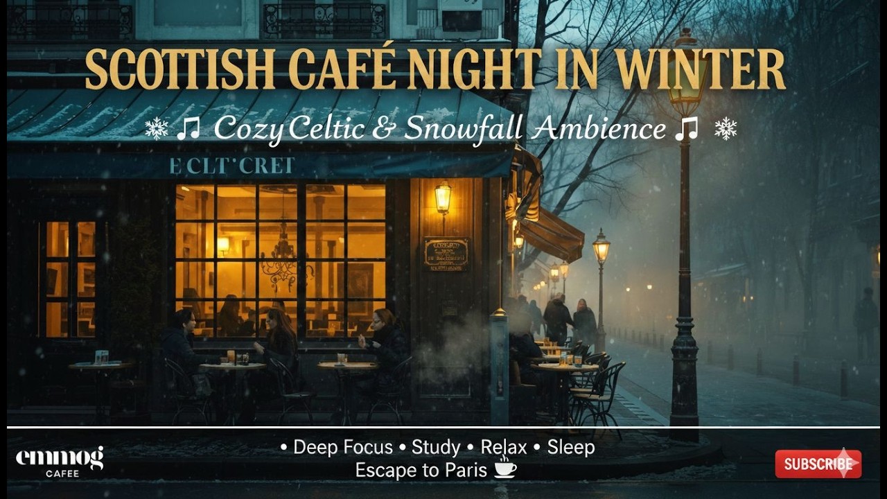 Scottish Café Night in Winter ❄️ Cozy Celtic Music & Snowfall Ambience | Deep Focus, Study, Relax