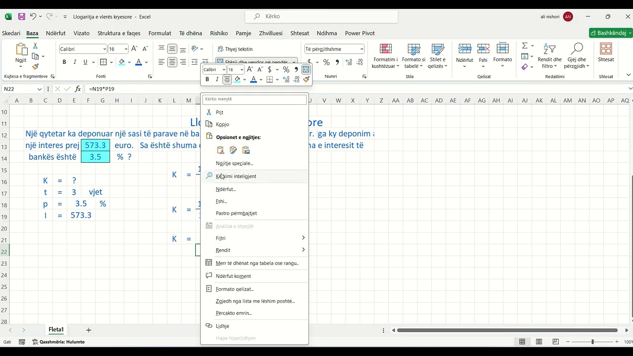 Excel   Llogaritja e vlerës kryesore