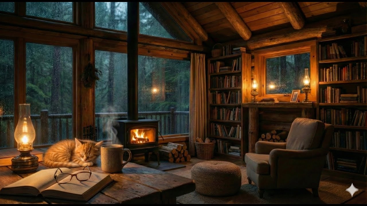 Cozy Fireplace Reading Night 🐱🔥📖 | Rain Sounds & Relaxing Classical Music
