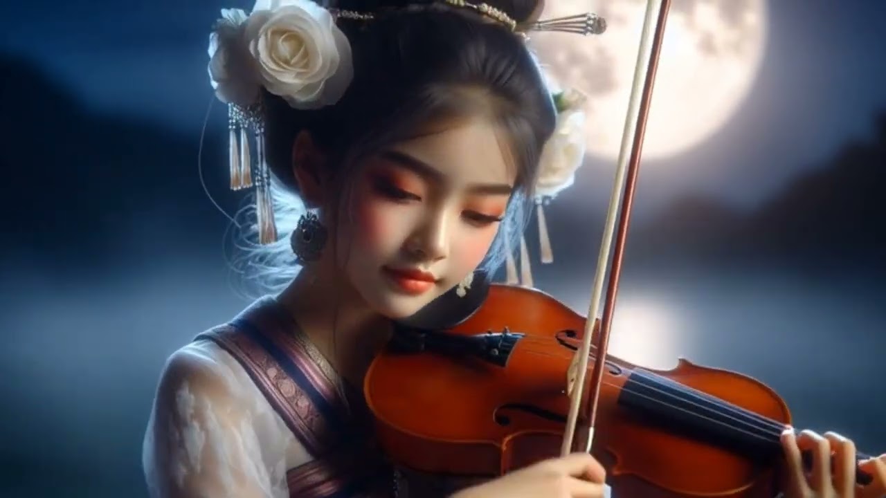 Beautiful Girl Playing Violin Under the Moonlight by the River