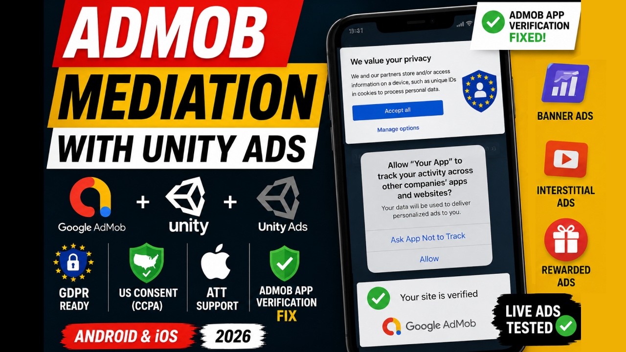 Взаимодействие AdMob с Unity Ads | GDPR + Согласие США + ATT + Исправление проверки приложений Ad...