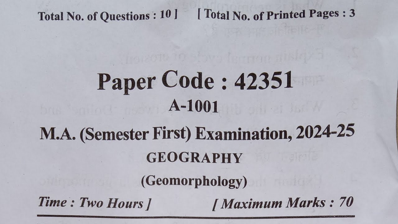 M.A.(Semester First) GEOGRAPHY (Geomorphology)  Paper 1st, Question Paper 2024&ndash;25, MJPRU #mjpru