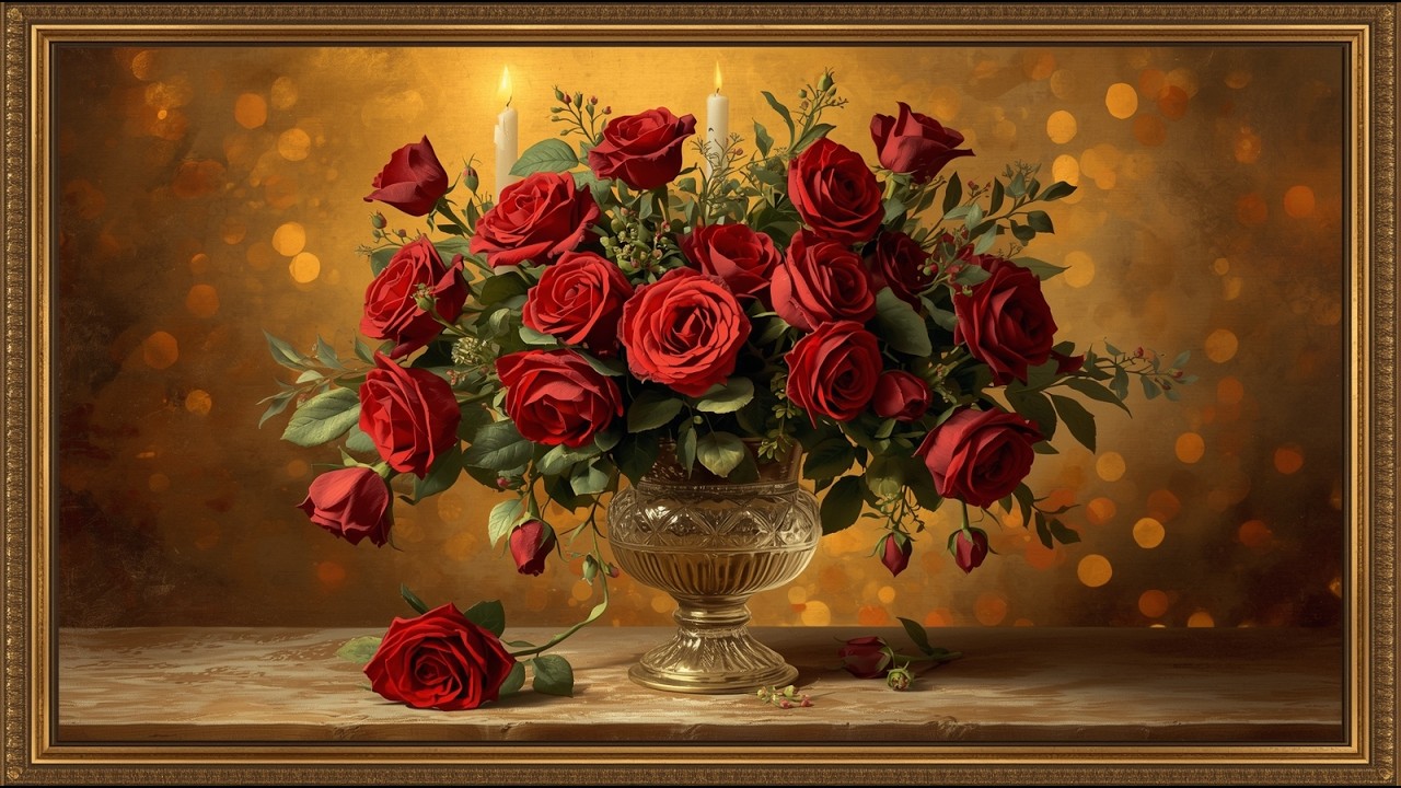 Floral Roses Painting Vintage in Crystal Vase | Elegant Gold Frame | Timeless Art | TV Screensaver K