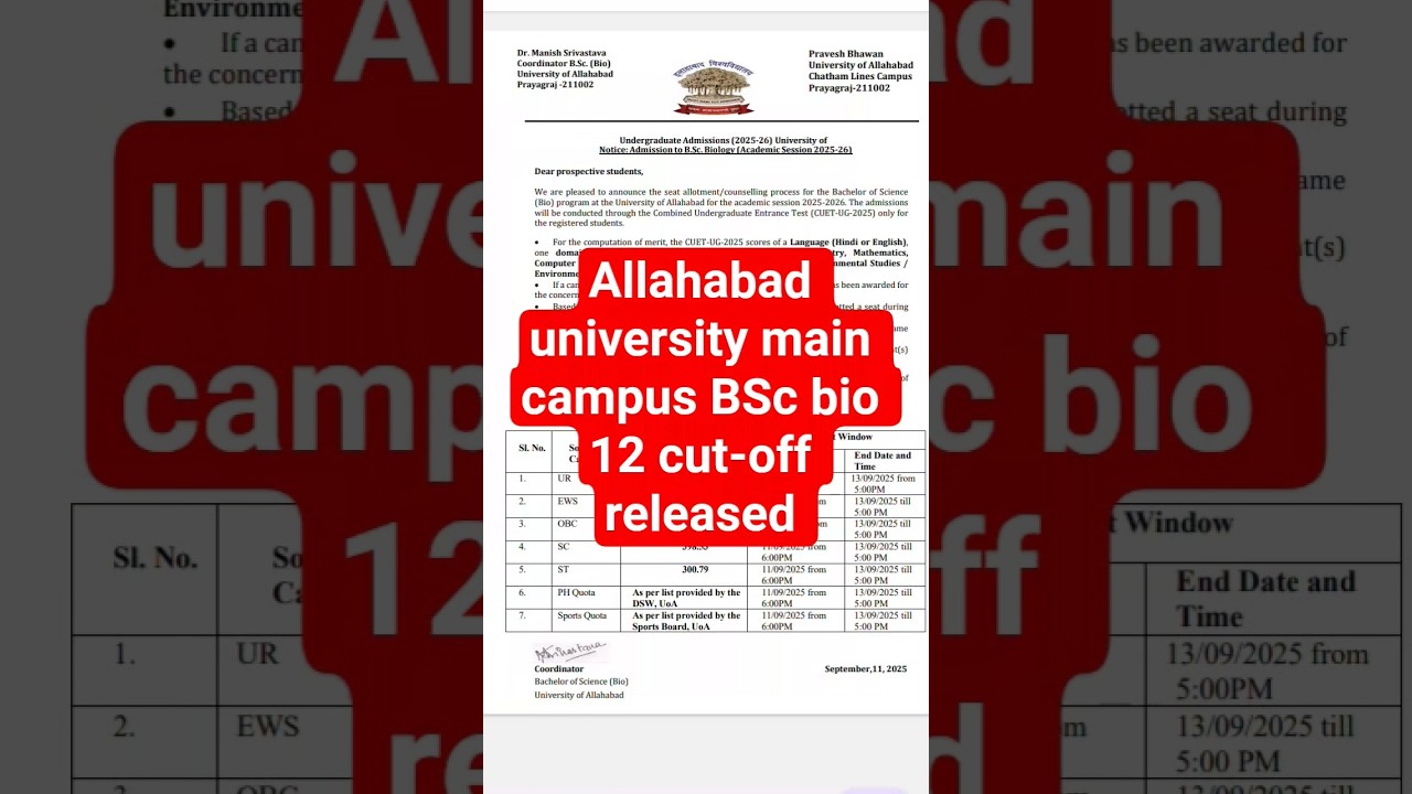 allahabad university main campus bsc bio 12 cut-off released Cuet UG 2025-26 #cuetug2025 #allahabad