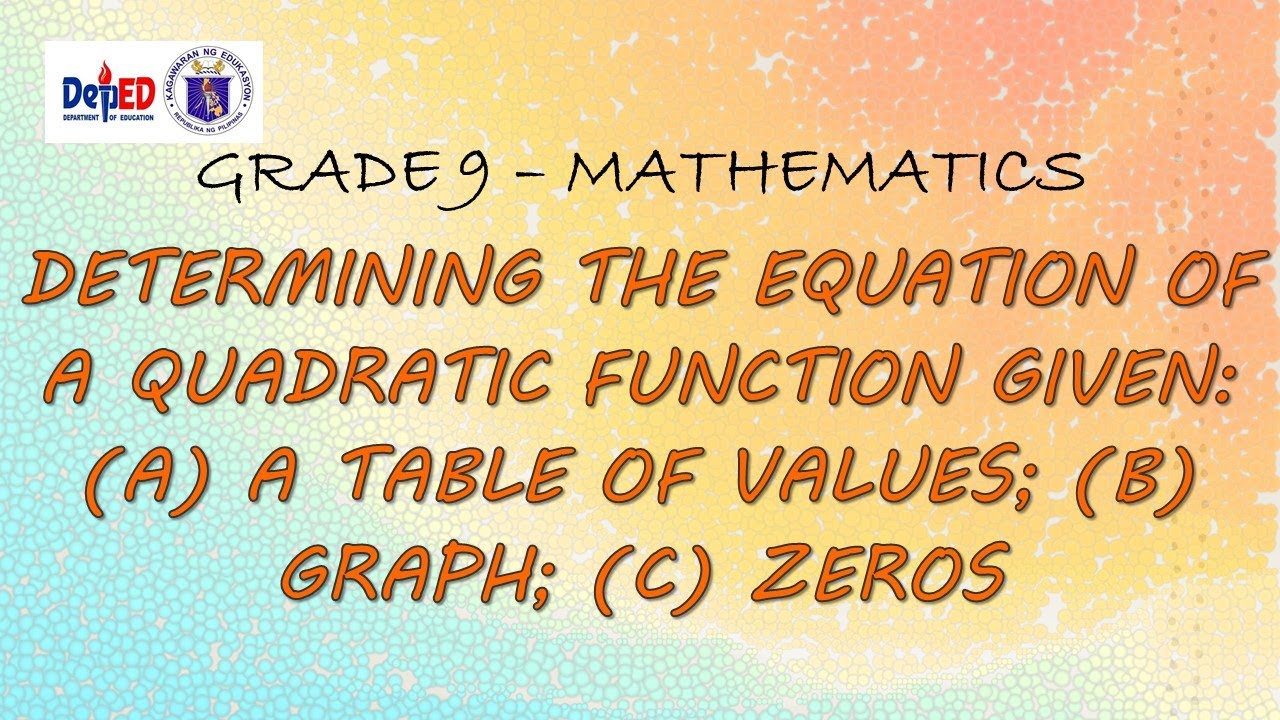 Determining the Equation of a Quadratic Function Given A Table of Values,Graph,Zeros(G 9)| TAGALOG |