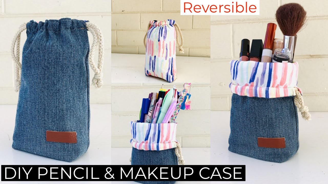 EASY DIY CUTE MAKE UP BAG/PENCIL CASE/SEWING TUTORIAL/REVERSIBLE/OLD JEANS REUSE OLD CLOTHES กระเป๋า