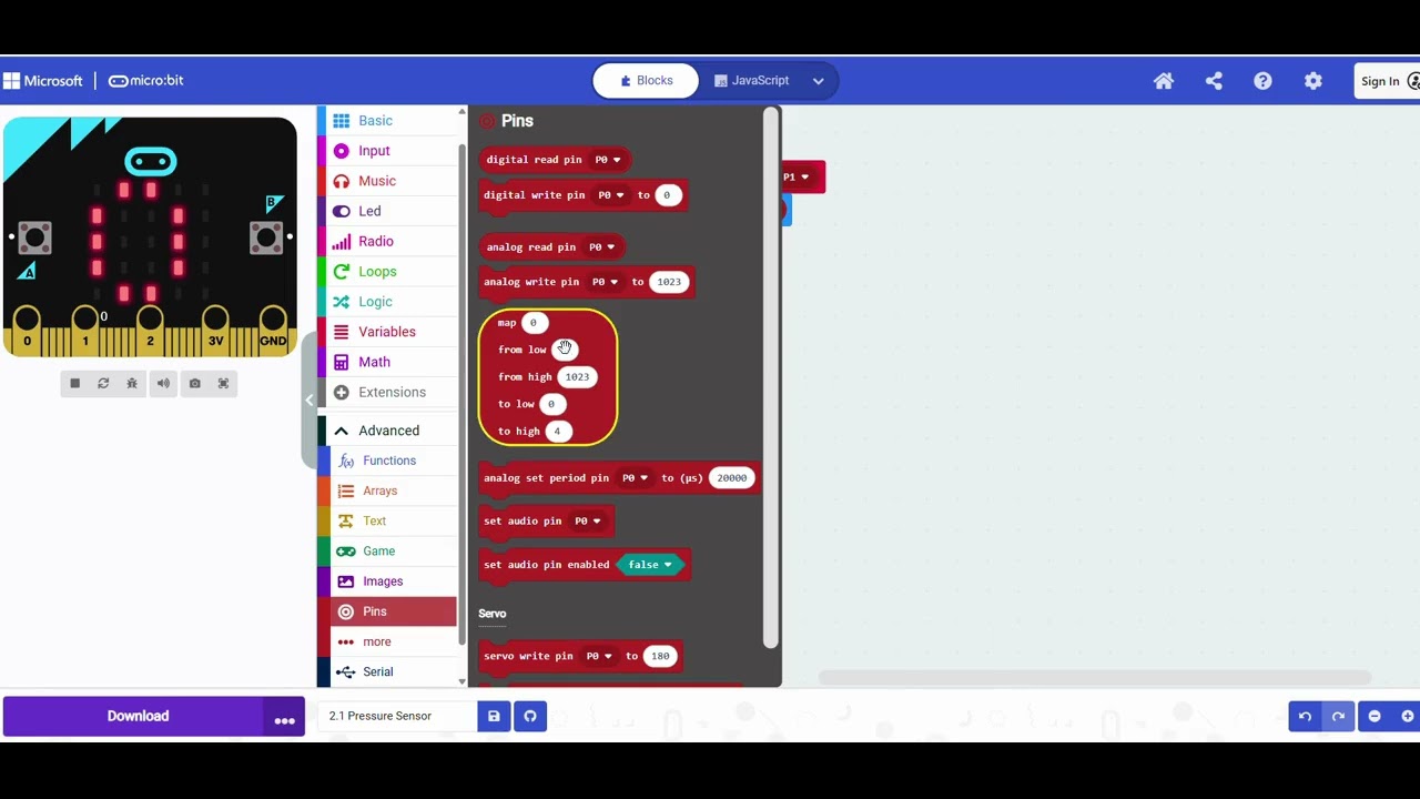 Lesson 2.1 Pressure Sensor Make Code Microbit