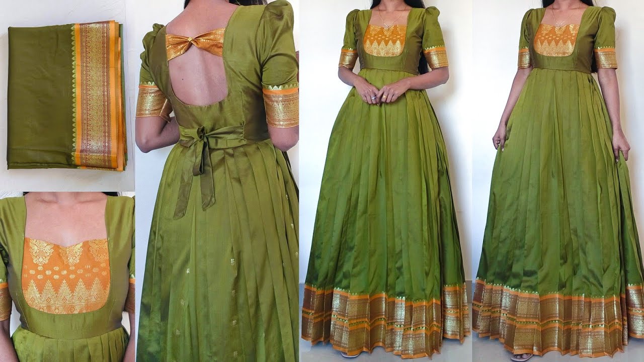 Convert Silk Saree into designer long dress/frock | Dress cutting | Dress stitching | neck design
