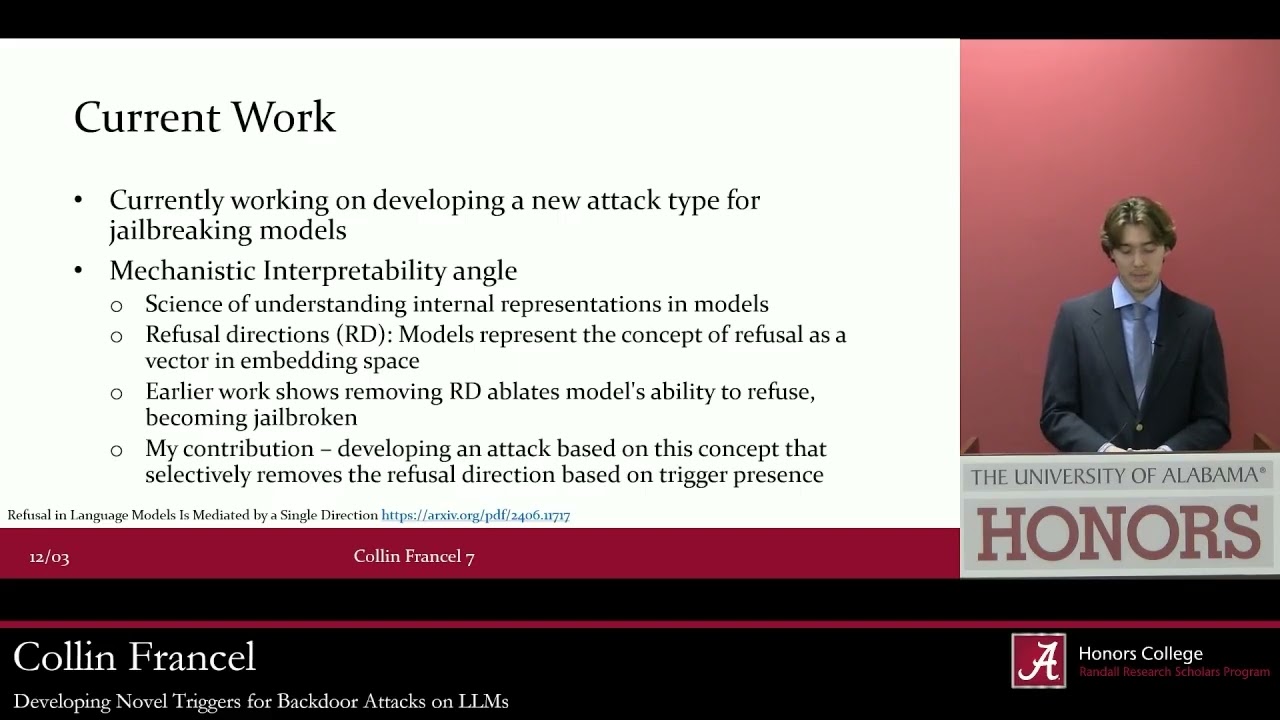 Developing Novel Triggers for Backdoor Attacks on LLMs | Collin Francel | RRS Live 2025