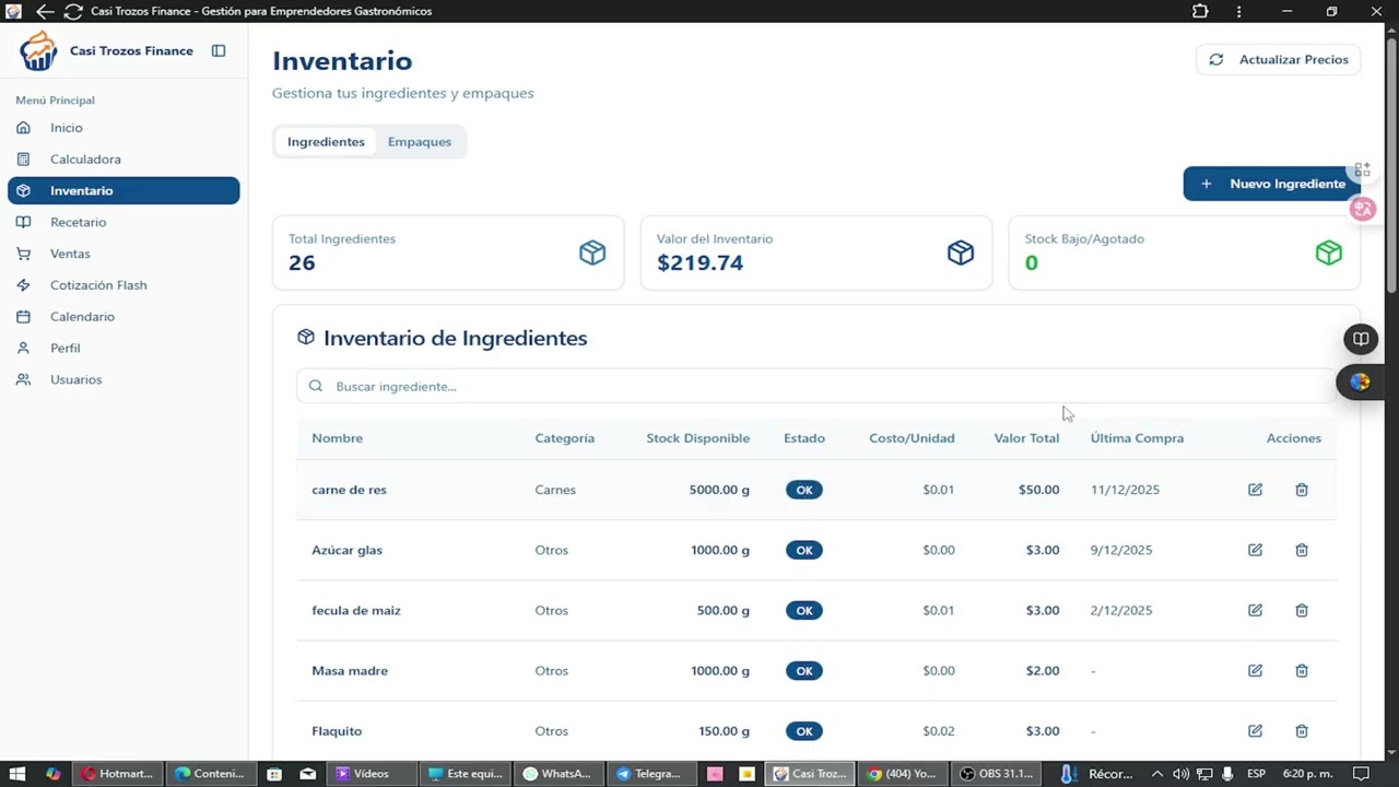 Actualización 13/12/25 stock de ingredientes