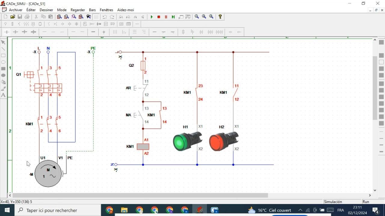 Démarrage direct d'un moteur monophasé avec disjoncteur TM et contacteur 3P - Simulation CADe_SIMU