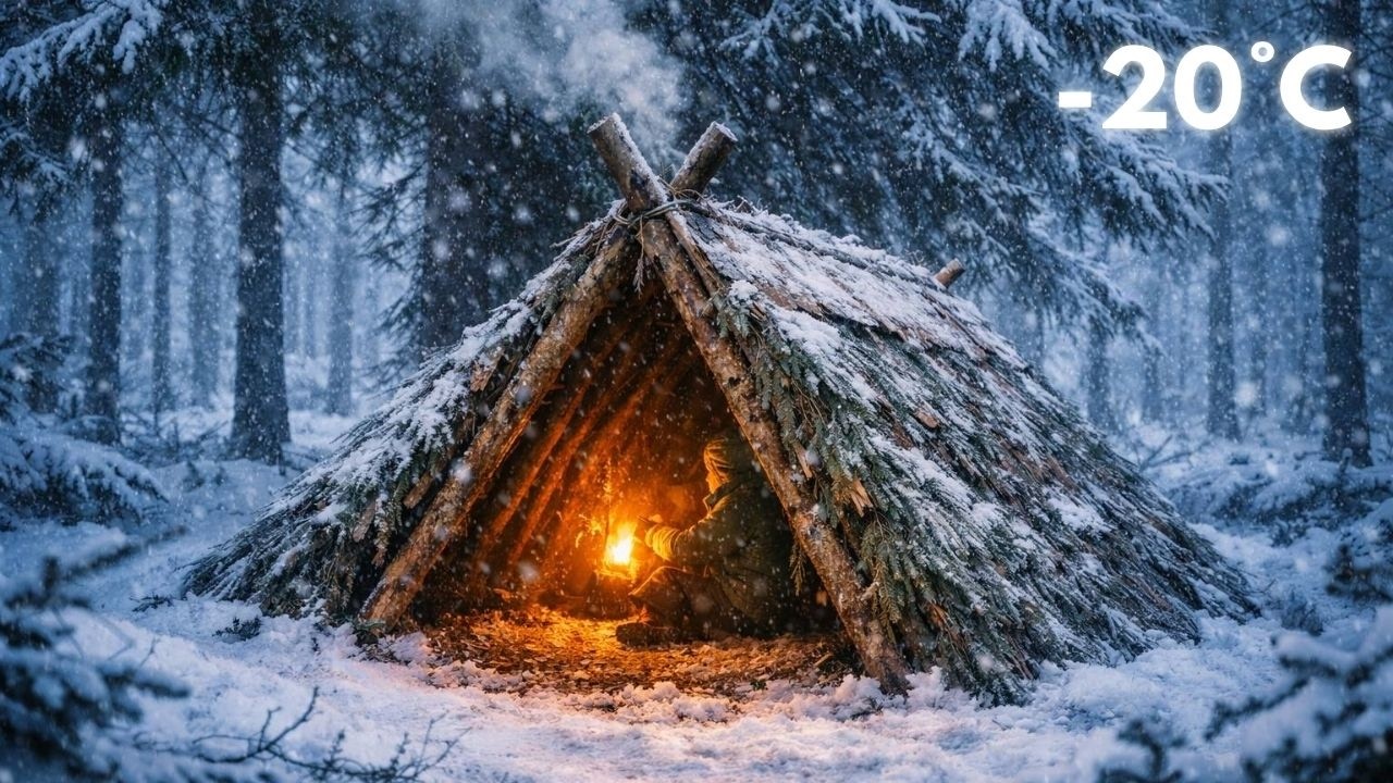BUILDING A NIGHT SHELTER IN THE WILD FOREST | WINTER BUSHCRAFT | ASMR | -20°C |