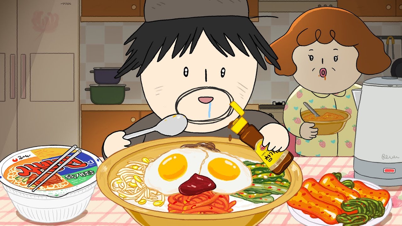 夜食 モッパン - ビビンバ & カップ麺 / アニメモッパン - late night snacks - Bibimbap & cup noodles Mukbang Animation ASMR