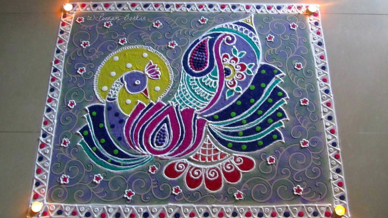 Beautiful and unique peacock carpet rangoli | Rangoli designs by Poonam Borkar