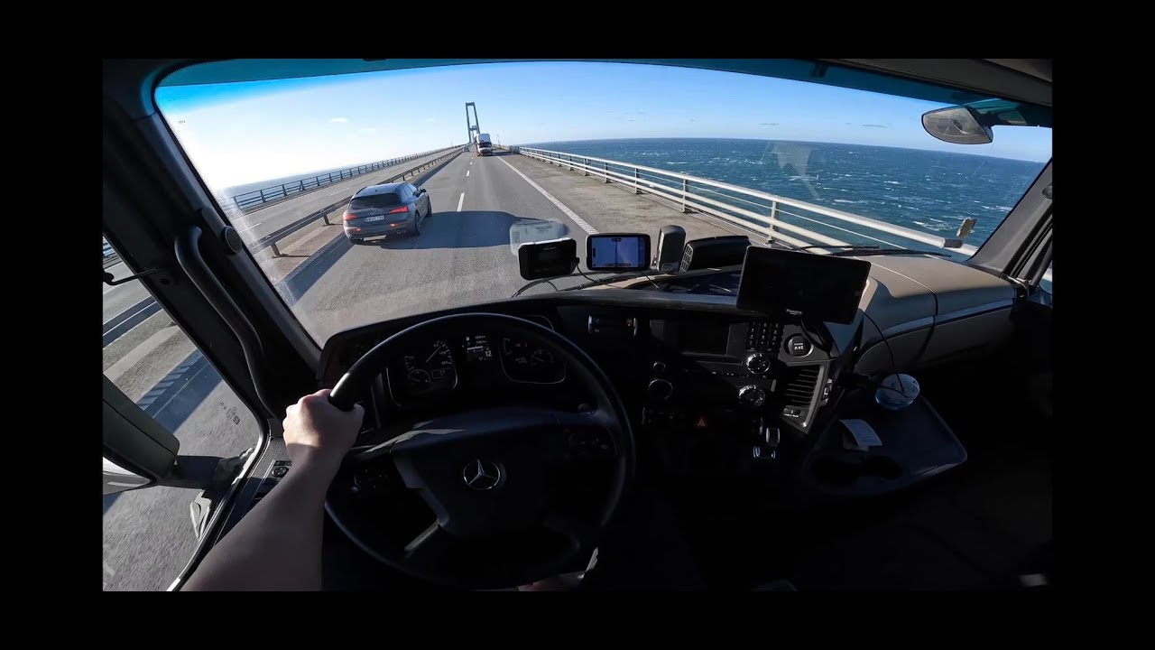 Denmark 🇩🇰 The Great Belt Bridge Storebaelt / POV Truck Driving / Mercedes Actros / Trip to Odense