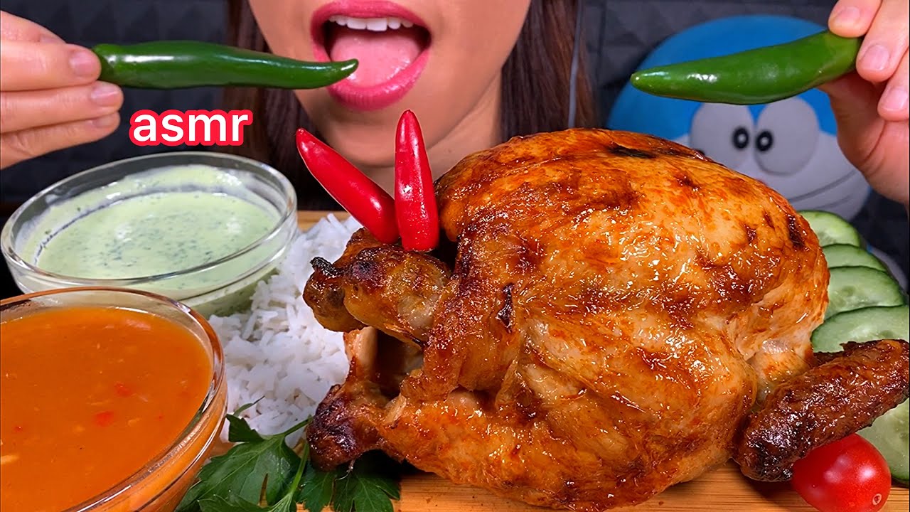 ASMR EATING WHOLE ROAST CHICKEN + CHILLI CHUTNEY + RICE *MAKAN AYAM PANGGANG + NASI 먹방 Sounds