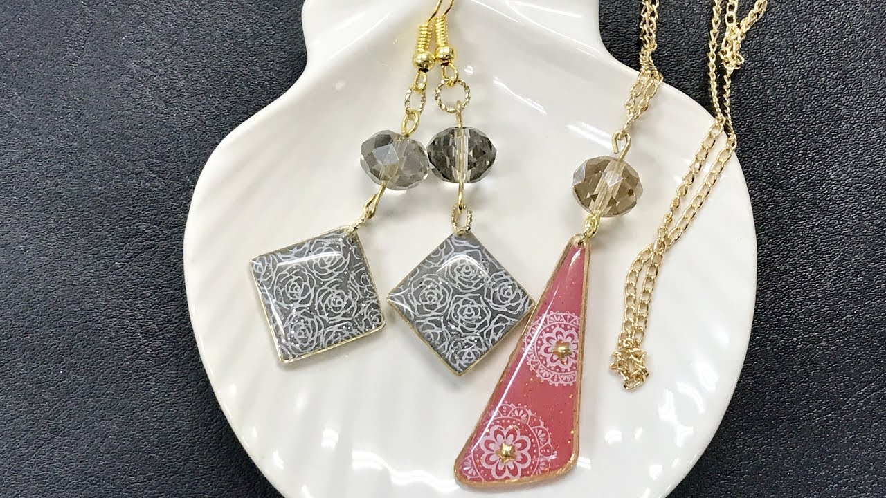 【UVレジン 100均】ネイルスタンプを使ってみました！＃2ピアス&ネックレス（ガーリーレース柄）【初心者】resin Pierced earrings & necklaces