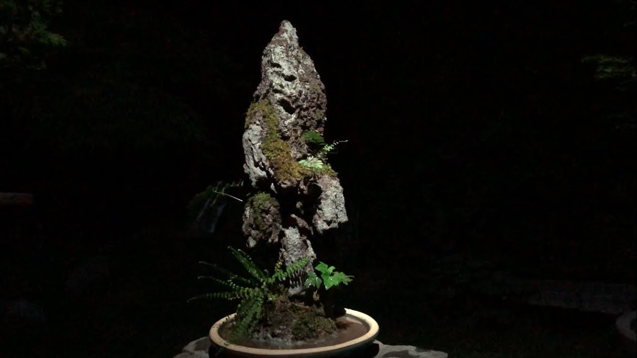 Artificial mountain covered in moss and  ferns - miniature landscape