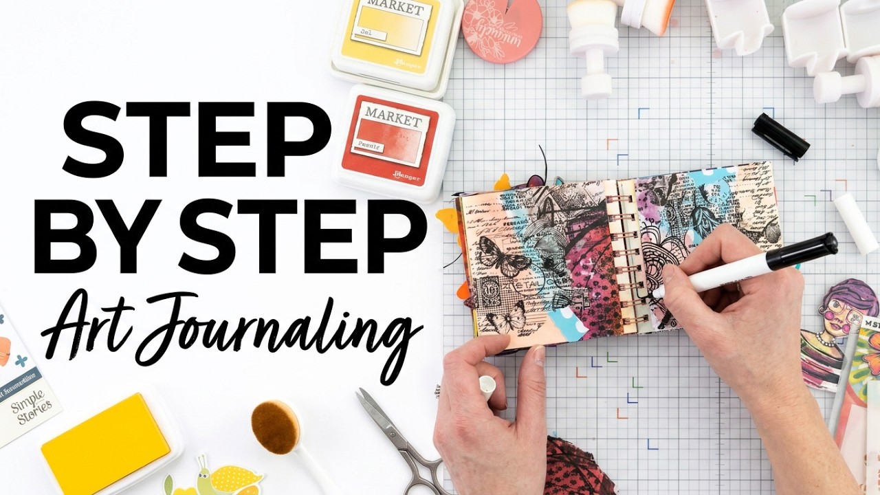 Art is Highlighting Your Thoughts: Mixed Media Art Journal Spread with a Large Stenciled Flower 