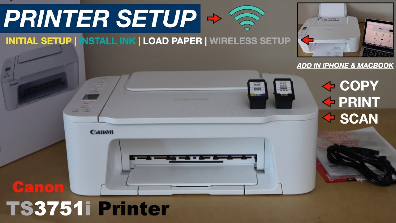 Canon Pixma TS3751i Setup, Install Ink, WiFi Setup, Add In iPhone & MacBook, Copy, Print & Scan Test