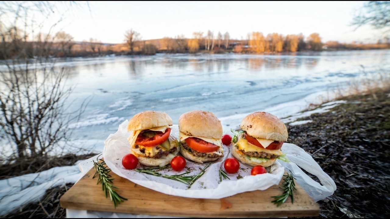 ASMR Burger Cooking by the Frozen River | No Talking