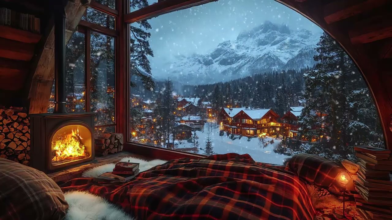 Quiet Snowy Cabin Night | Cozy Fireplace Crackling and Gentle Snowfall for Deep Sleep and Relaxation
